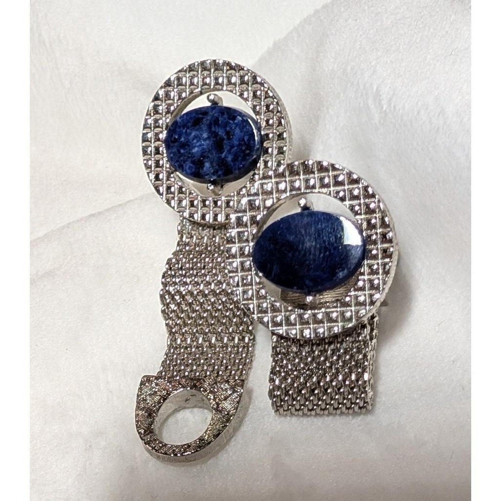 Vintage Swank Silver Tone Blue Sodalite Mesh Wrap Around Cufflinks MCM Retro